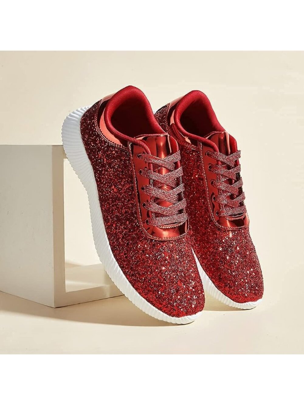 Women's Red Lightweight Tennis Shoes Glitter Sparkly Fashion Sneakers - Picture 4 of 6